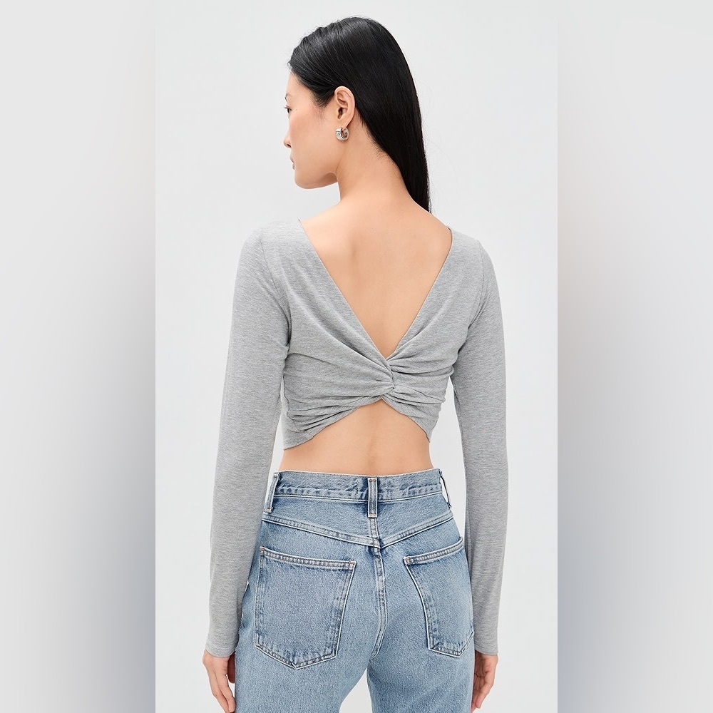 Le Bop Gray Twist Front Crop Top Long Sleeve Y2K Fitted Size S Made in USA